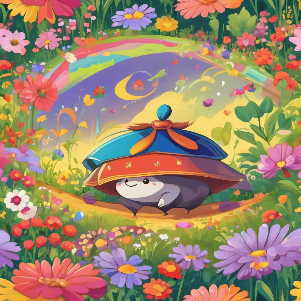 A playful, whimsical character with a big, friendly smile, wearing colorful clothes and bouncing happily in a playful manner and A small, mischievous shrew with an energetic stance, wearing tiny shoes as he engages in playful adventures laughing and dancing across a vibrant meadow filled with colorful flowers.