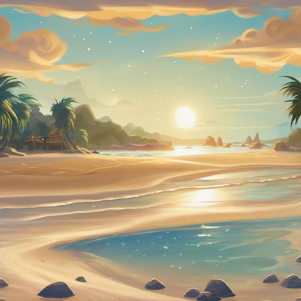 A sandy, sparkling beach scene where the sand appears to have a magical, shimmering quality.