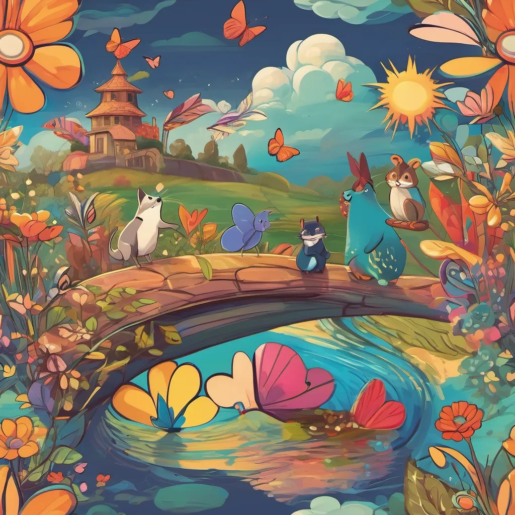 A peaceful scene with A vibrant, lively butterfly with iridescent wings, fluttering around joyfully in a whimsical setting the butterfly, A playful, whimsical character with a big, friendly smile, wearing colorful clothes and bouncing happily in a playful manner, and A small, mischievous shrew with an energetic stance, wearing tiny shoes as he engages in playful adventures watching a colorful sunset together.