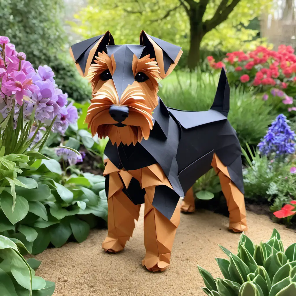 Ina is in the lush garden of her owner's English cottage, with flower beds and greenery all around. She's eagerly digging, her tail wagging with excitement.