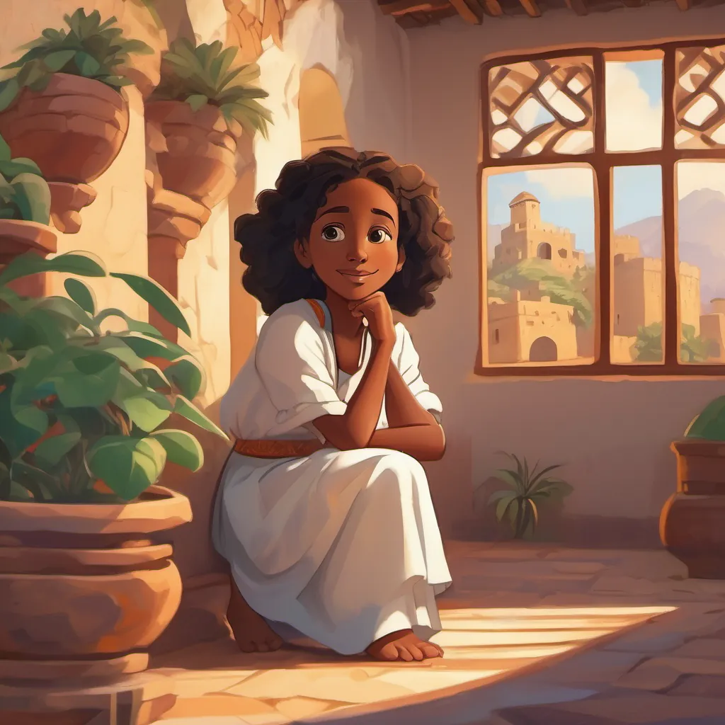 Cartoon Ethiopian girl waking up in an Ethiopian castle