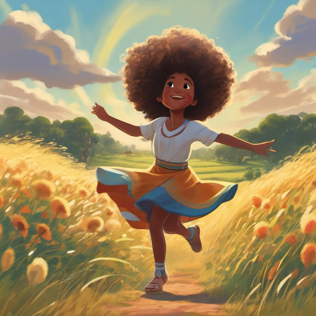 A cartoon Ethiopian girl with a big afro dancing under a clear, bright sky in an open field in Ethiopia.