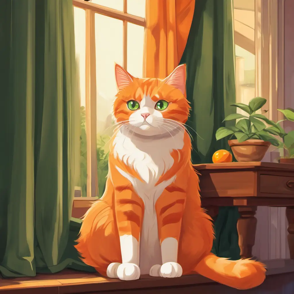 A picture of Boris is a cute orange cat with big green eyes, a cute orange cat, with his family looking unhappy near the curtains.