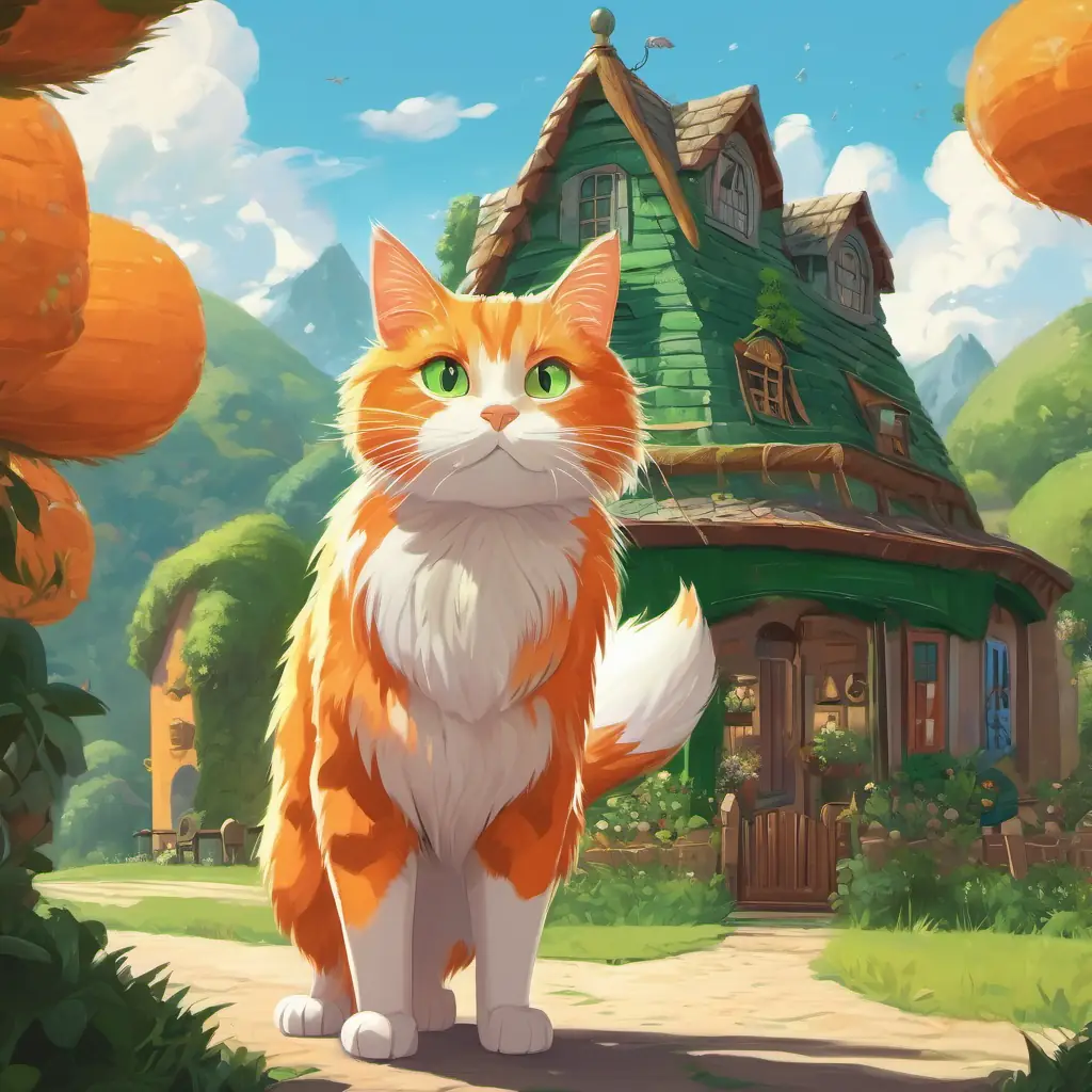 A picture of Boris is a cute orange cat with big green eyes standing in front of Thiazi is a friendly giant with a long white beard's giant house, looking excited.