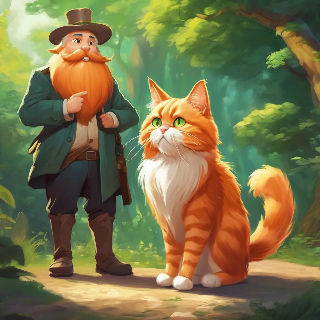 A picture of Boris is a cute orange cat with big green eyes looking surprised and Thiazi is a friendly giant with a long white beard, a giant with a long beard, pointing at a 'No' sign.
