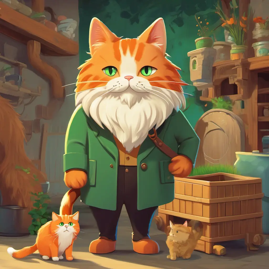 A picture of Thiazi is a friendly giant with a long white beard and Boris is a cute orange cat with big green eyes standing next to a litter box with a happy family in the background.