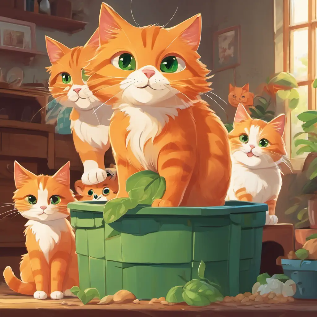 A picture of Boris is a cute orange cat with big green eyes happily using his litter box, with his family smiling and giving him a thumbs up.