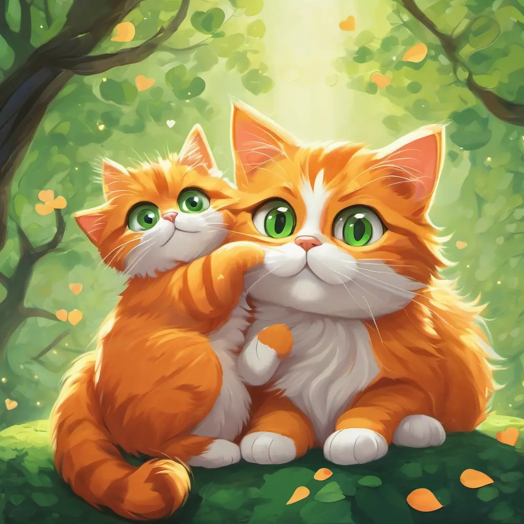 A picture of Boris is a cute orange cat with big green eyes and his family cuddling together, with hearts floating in the air.