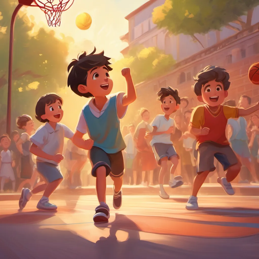 young boy wearing slipper, cheering friends playing basketball in court