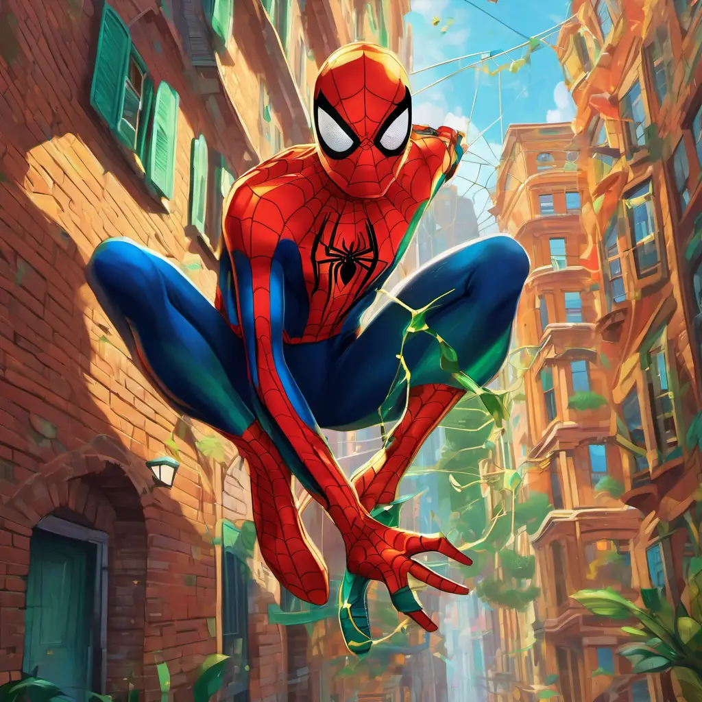 In the heart of Techville, Spidey - A curious spider with vibrant yellow and black stripes on his hairy legs, and bright, shining emerald eyes hangs from his silky web as Max - A compassionate young man with fair skin, light brown hair, and intelligent blue eyes approaches.