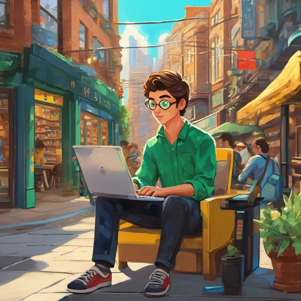 Spidey - A curious spider with vibrant yellow and black stripes on his hairy legs, and bright, shining emerald eyes and Max - A compassionate young man with fair skin, light brown hair, and intelligent blue eyes venture through the busy streets of Techville to the computer store.