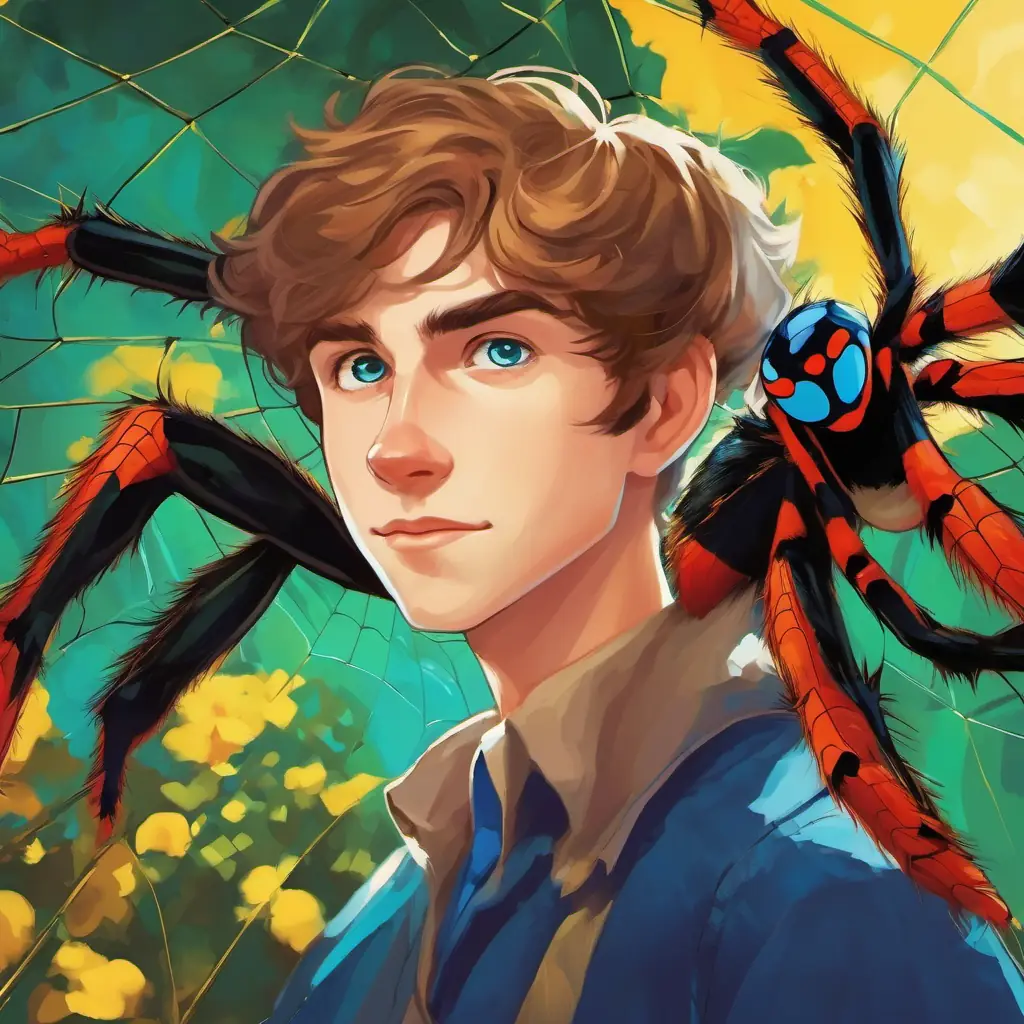 Max - A compassionate young man with fair skin, light brown hair, and intelligent blue eyes and Spidey - A curious spider with vibrant yellow and black stripes on his hairy legs, and bright, shining emerald eyes help each other while scrolling through 'TechTips' on Max - A compassionate young man with fair skin, light brown hair, and intelligent blue eyes's laptop.