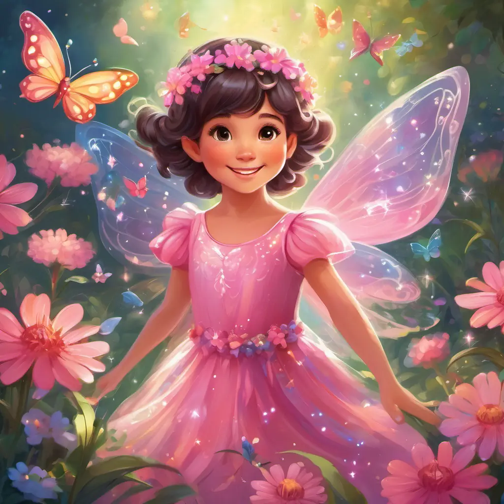 Illustration of Small fairy with a mischievous smile, pink dress, sparkling wings, a small fairy with a mischievous smile, wearing a shimmering pink dress and sparkling wings, surrounded by colorful flowers and glowing butterflies.