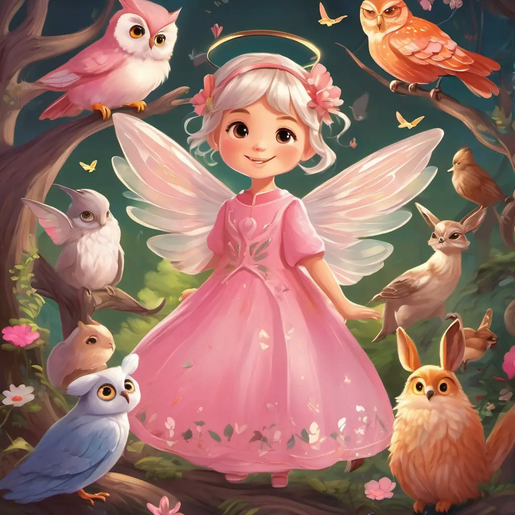 Illustration of Small fairy with a mischievous smile, pink dress, sparkling wings surrounded by talking animals, such as birds, rabbits, and the wise old owl, Hoots.