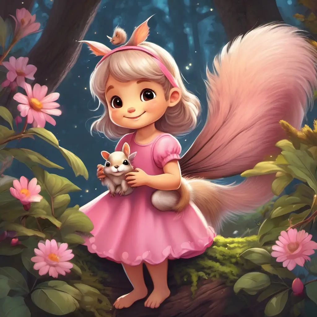 Illustration of Small fairy with a mischievous smile, pink dress, sparkling wings and Baby squirrel with a fluffy tail, thankful and smiling the baby squirrel, with Baby squirrel with a fluffy tail, thankful and smiling's fluffy tail stuck in a thorny bush.