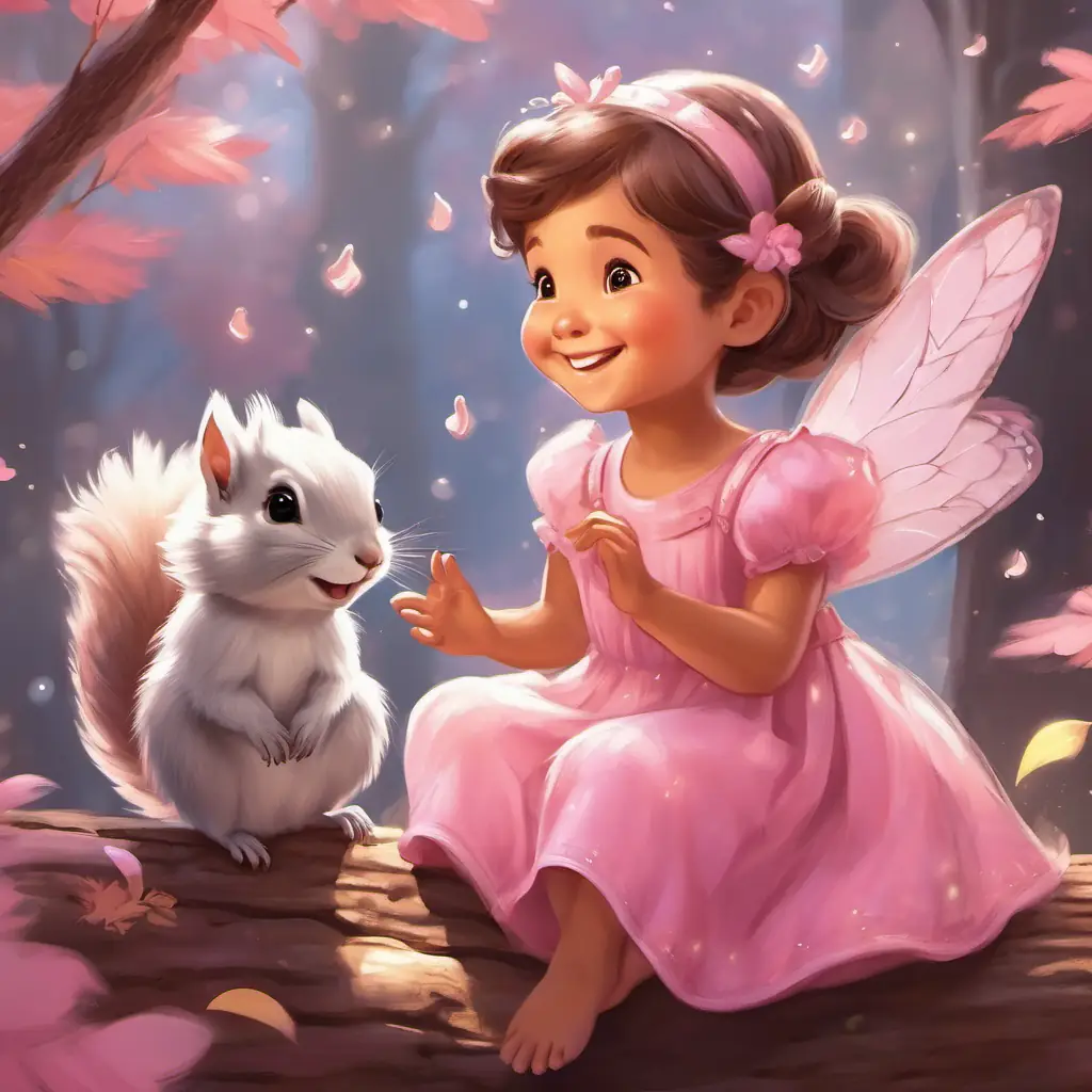 Illustration of Small fairy with a mischievous smile, pink dress, sparkling wings using her magic to free Baby squirrel with a fluffy tail, thankful and smiling, with Baby squirrel with a fluffy tail, thankful and smiling looking thankful and smiling.