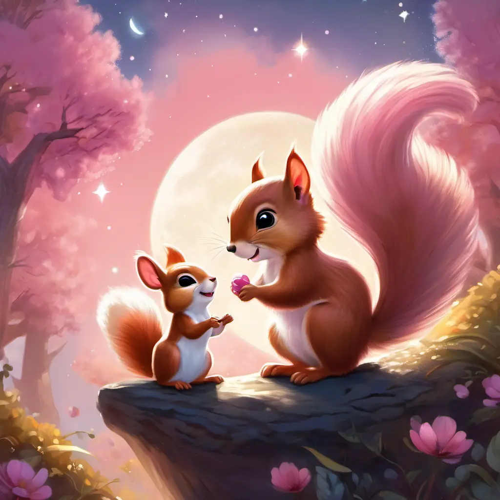 Illustration of Baby squirrel with a fluffy tail, thankful and smiling and Small fairy with a mischievous smile, pink dress, sparkling wings sitting together, with Baby squirrel with a fluffy tail, thankful and smiling pointing towards a glowing moonstone in the distance.