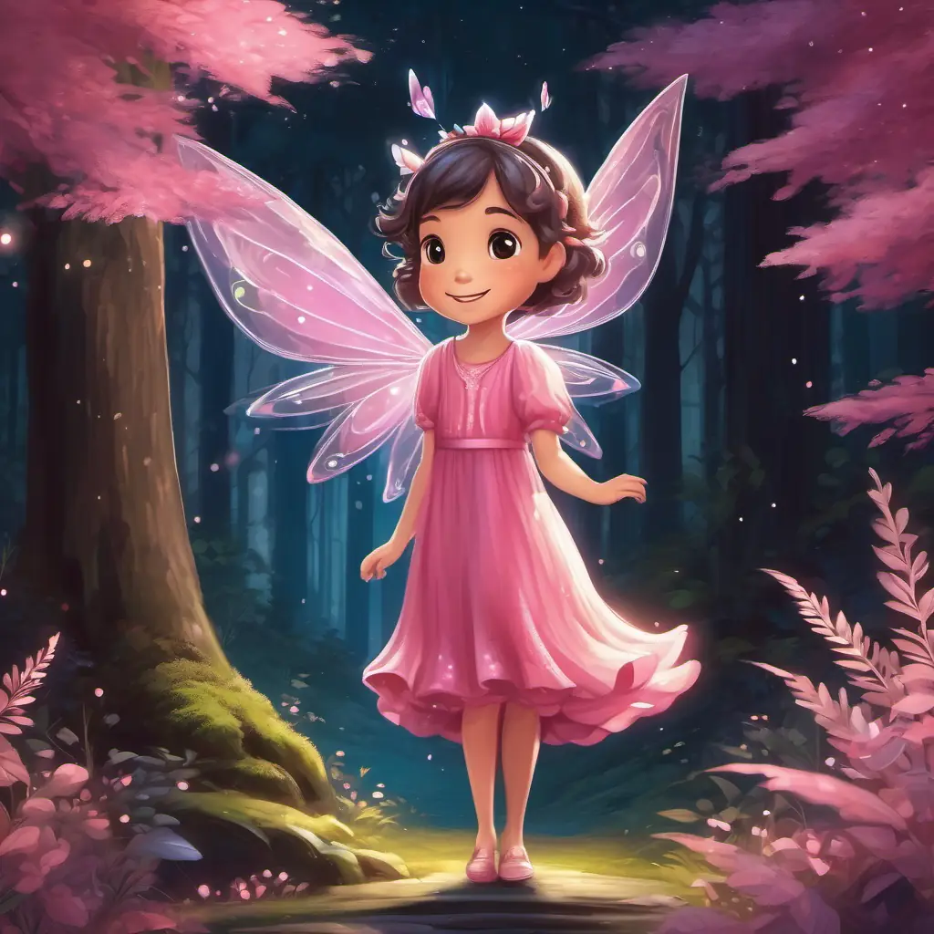 Illustration of Small fairy with a mischievous smile, pink dress, sparkling wings standing at the entrance of a dark and mysterious forest, feeling a mix of excitement and determination.