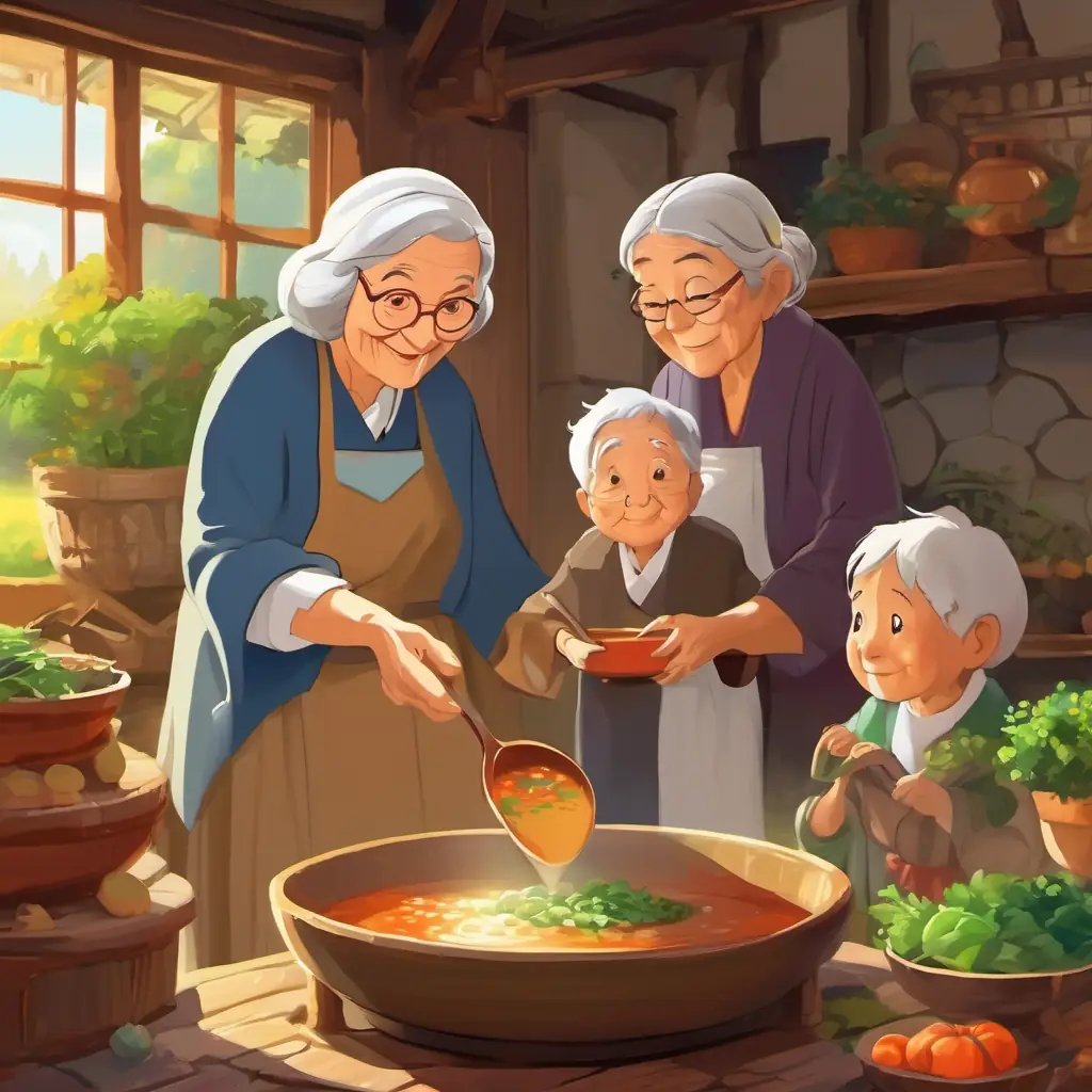 The wise old lady arrives with a pot and the parents happily agree for her to make a special soup.