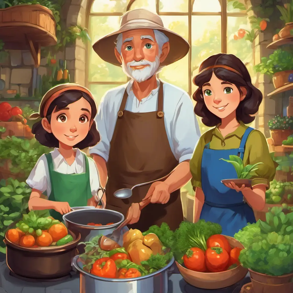 Lily has fair skin and blue eyes, Max has tan skin and brown eyes, and Emma has olive skin and green eyes fetch vegetables and the old lady stirs them in the pot with a magical spoon.