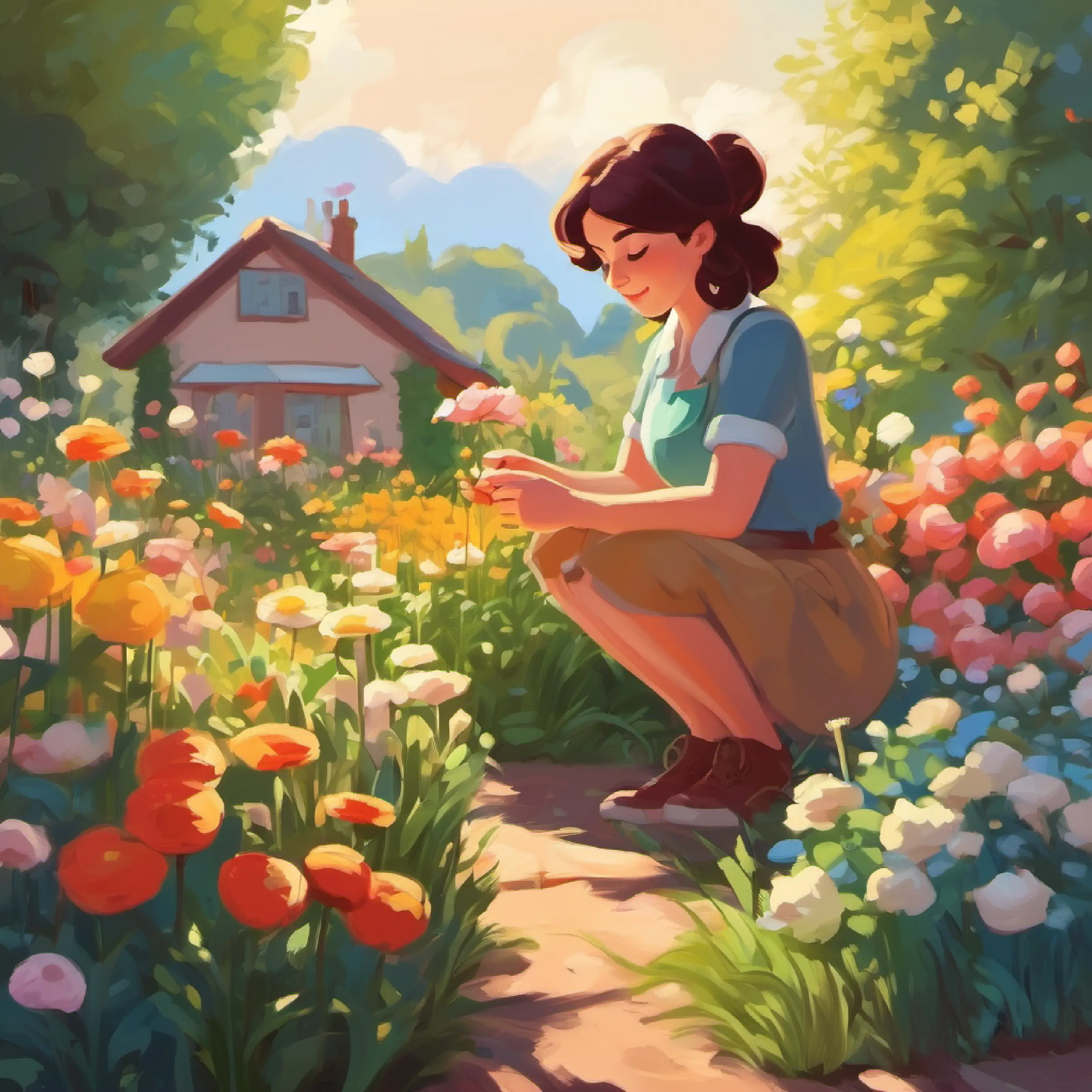 Amy counts flowers in her garden on a sunny morning.