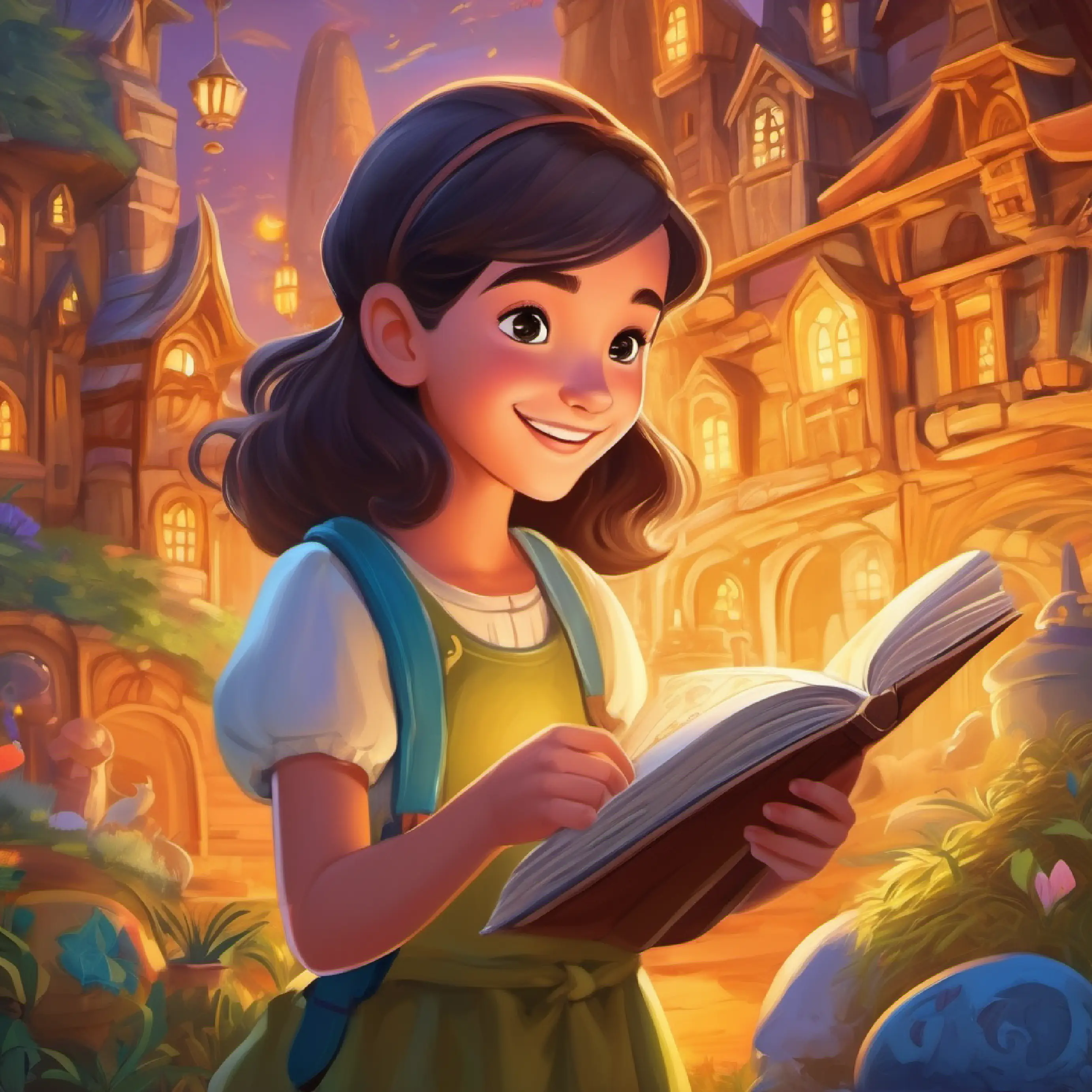 Young girl with curious eyes and a bright smile, loves adventures discovers a magical map in her storybook, decides to explore.