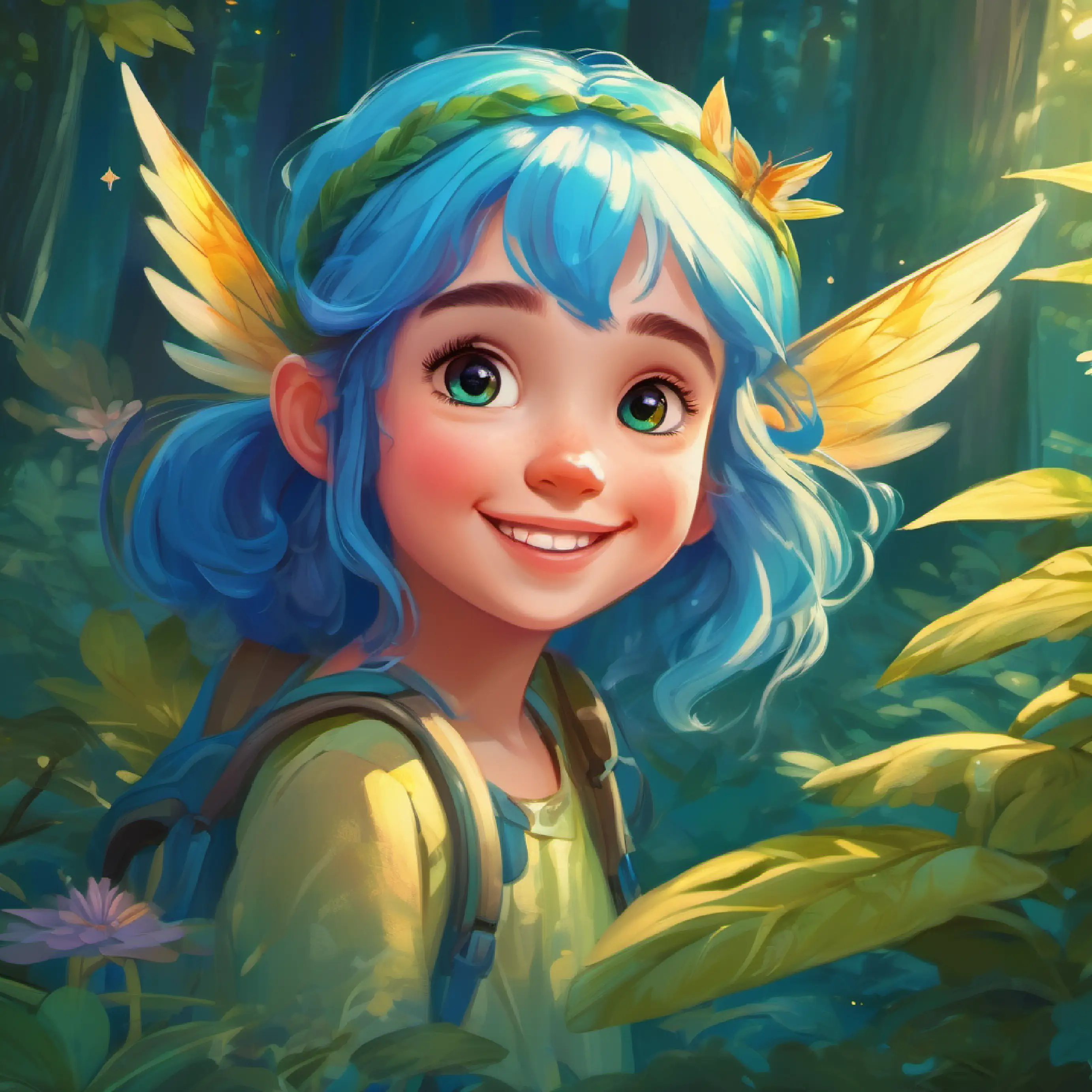 Young girl with curious eyes and a bright smile, loves adventures enters the woods, meets her guide, Giggling fairy with blue hair, shimmering wings, mischievous grin the fairy.