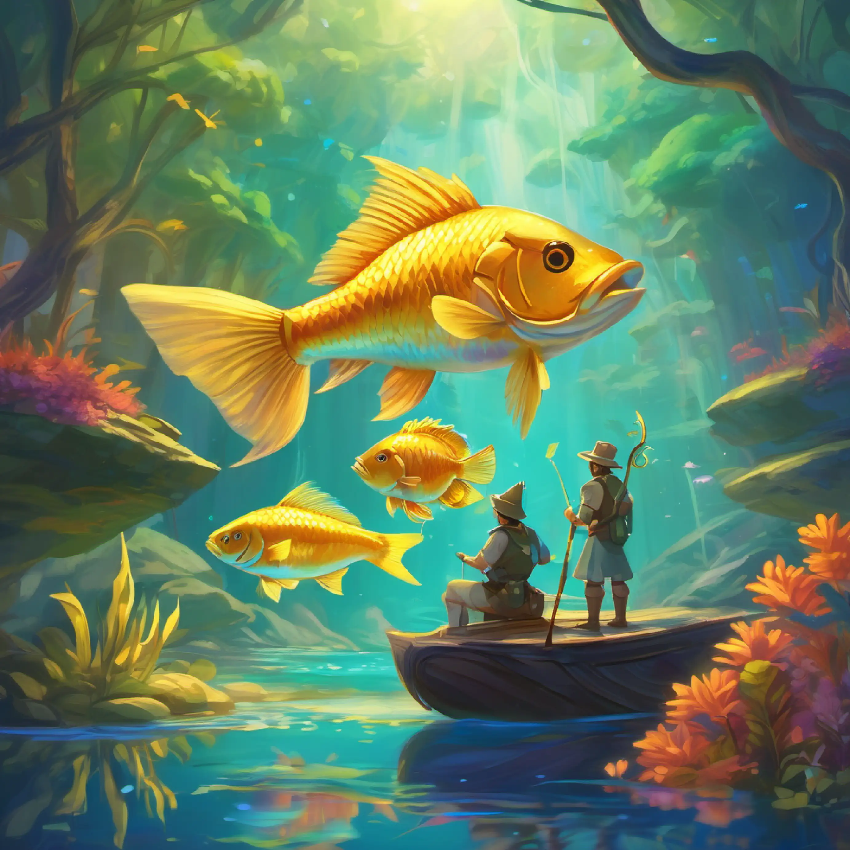 They meet Fish with golden scales, a tiny crown, talks with pride at the rainbow river, get a ride across.