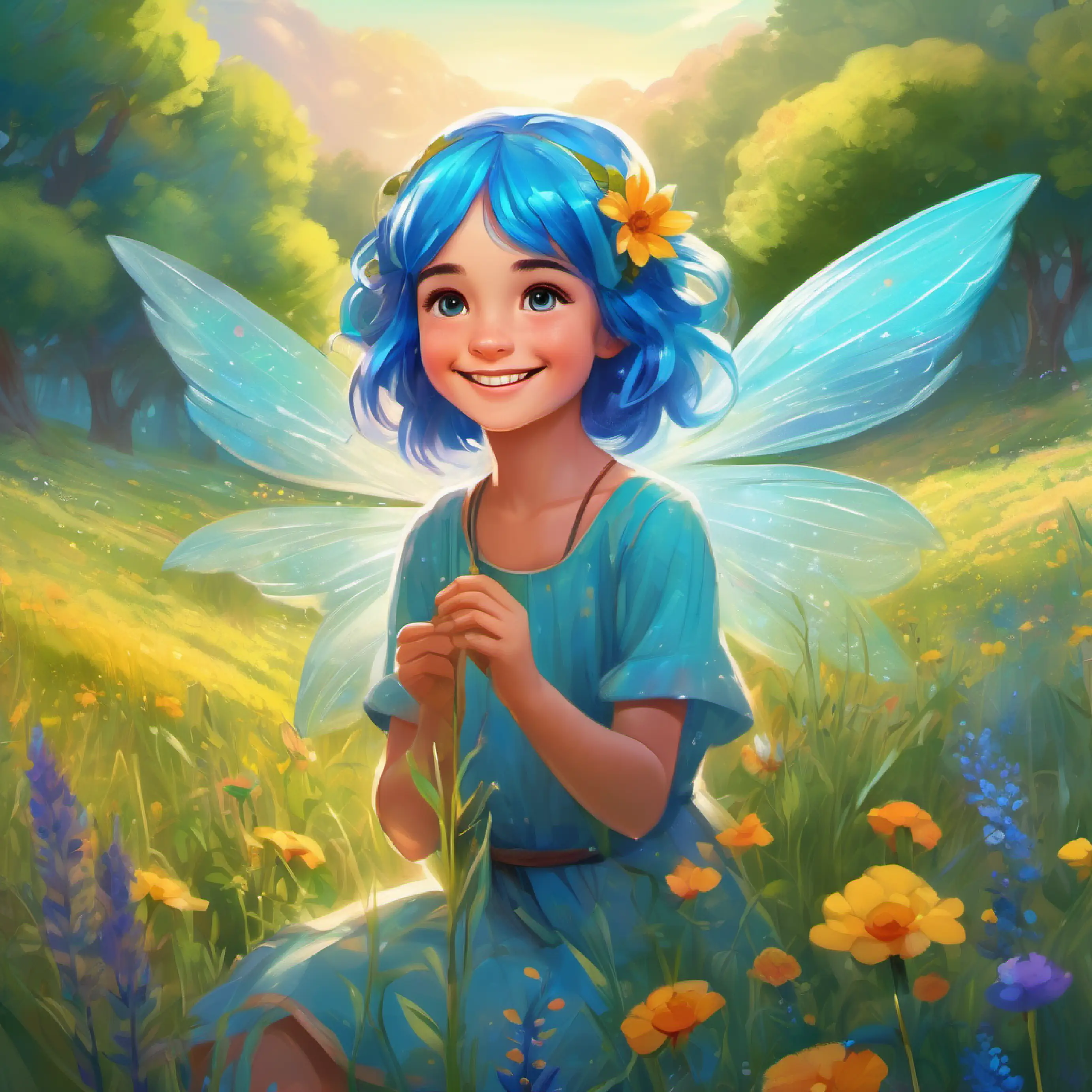 Young girl with curious eyes and a bright smile, loves adventures and Giggling fairy with blue hair, shimmering wings, mischievous grin dance in a meadow, discover the Glittering Glade.