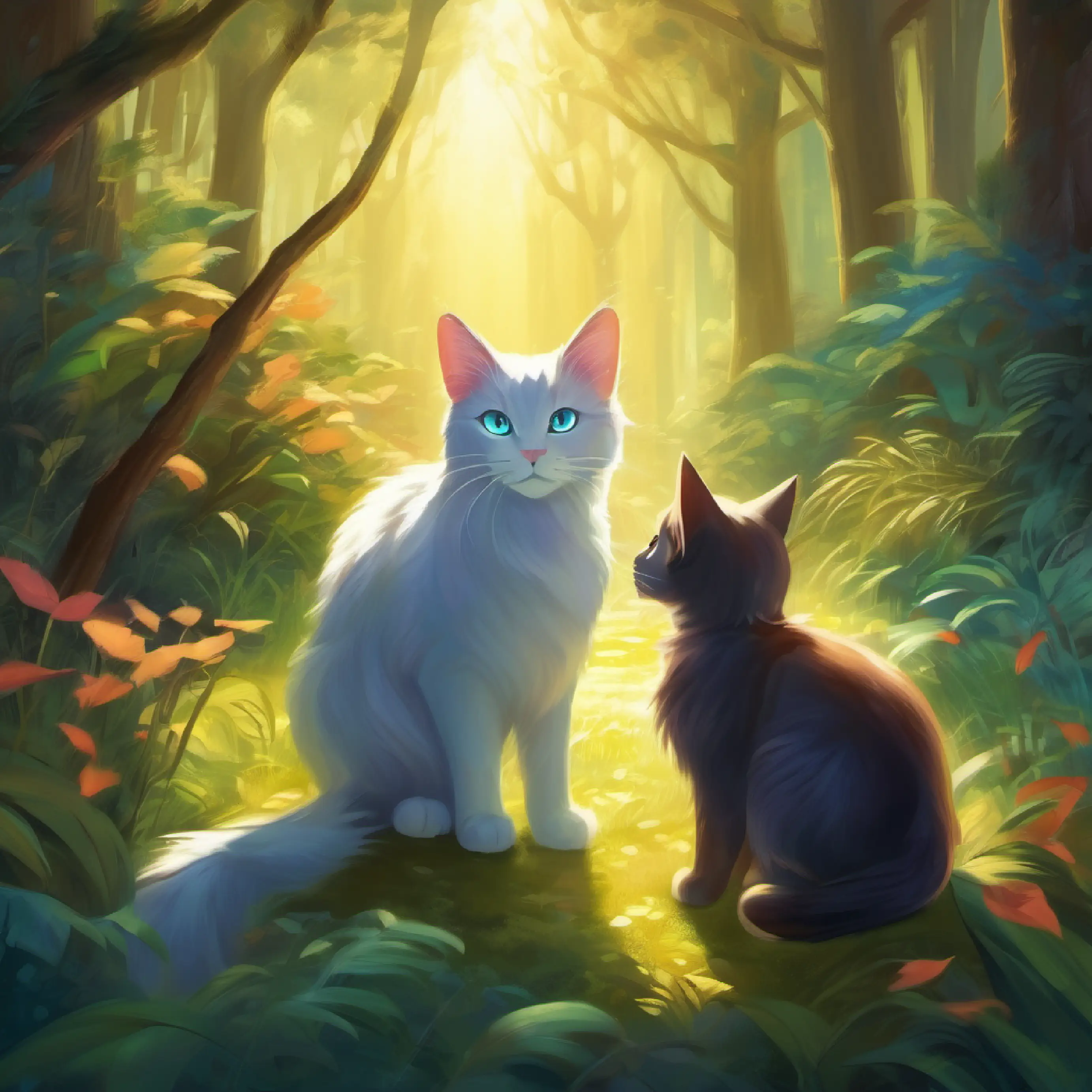 They meet Velvety cat, glowing eyes, guardian of the Glade, mystical the cat, receive a magical feather.