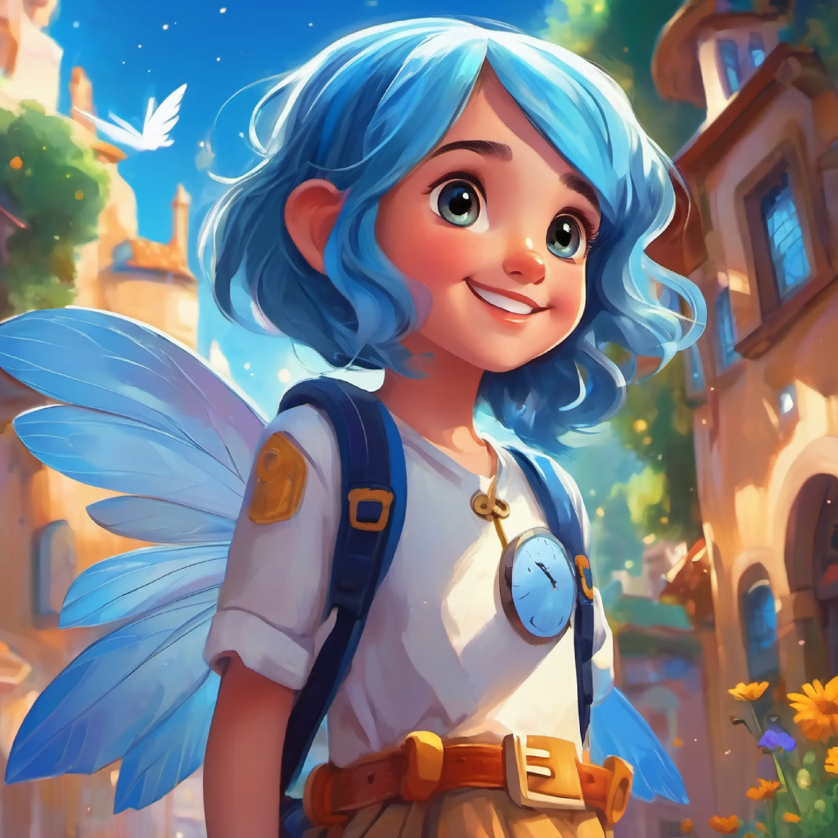 Young girl with curious eyes and a bright smile, loves adventures and Giggling fairy with blue hair, shimmering wings, mischievous grin fly in the sky, realize it's time to return home.