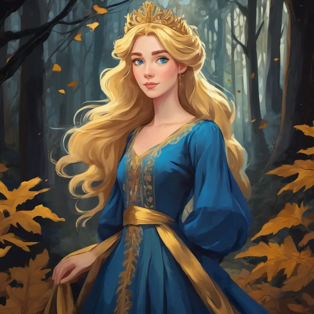 Golden hair, blue eyes, royal princess in a beautiful dress with golden hair and blue eyes in a spooky, dark forest