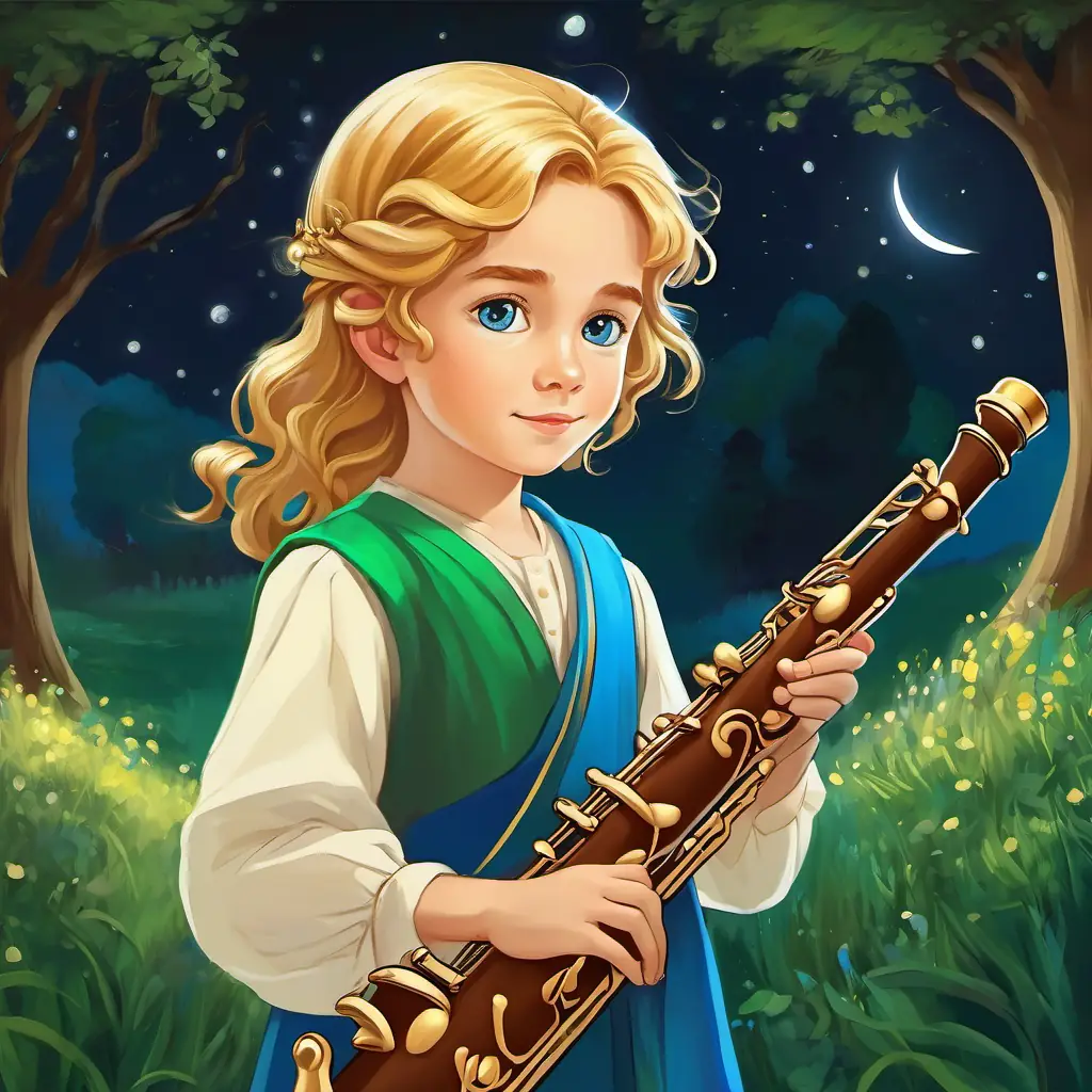 Golden hair, blue eyes, royal princess in a beautiful dress with golden hair and blue eyes meets Messy brown hair, green eyes, young boy playing the flute with brown hair and green eyes in a moonlit clearing