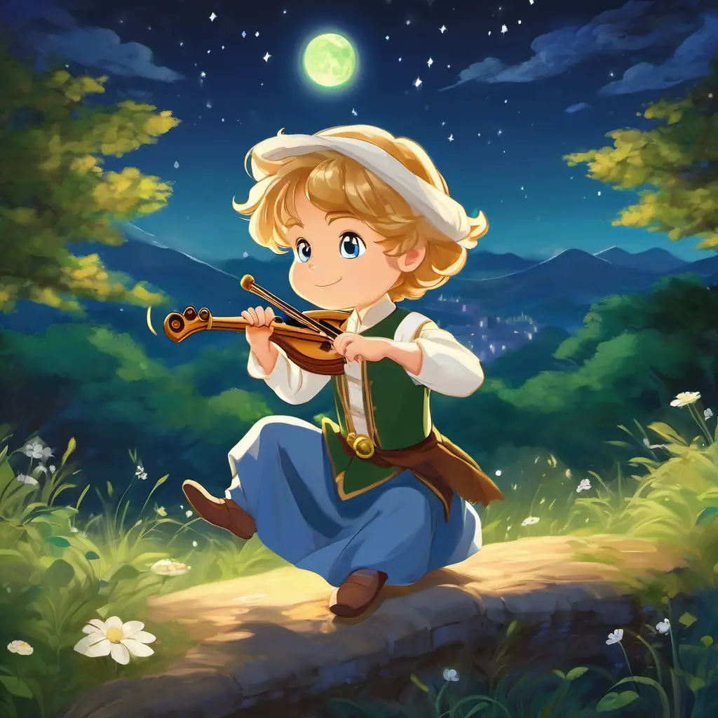 Golden hair, blue eyes, royal princess in a beautiful dress and Messy brown hair, green eyes, young boy playing the flute dancing gracefully under the moonlight