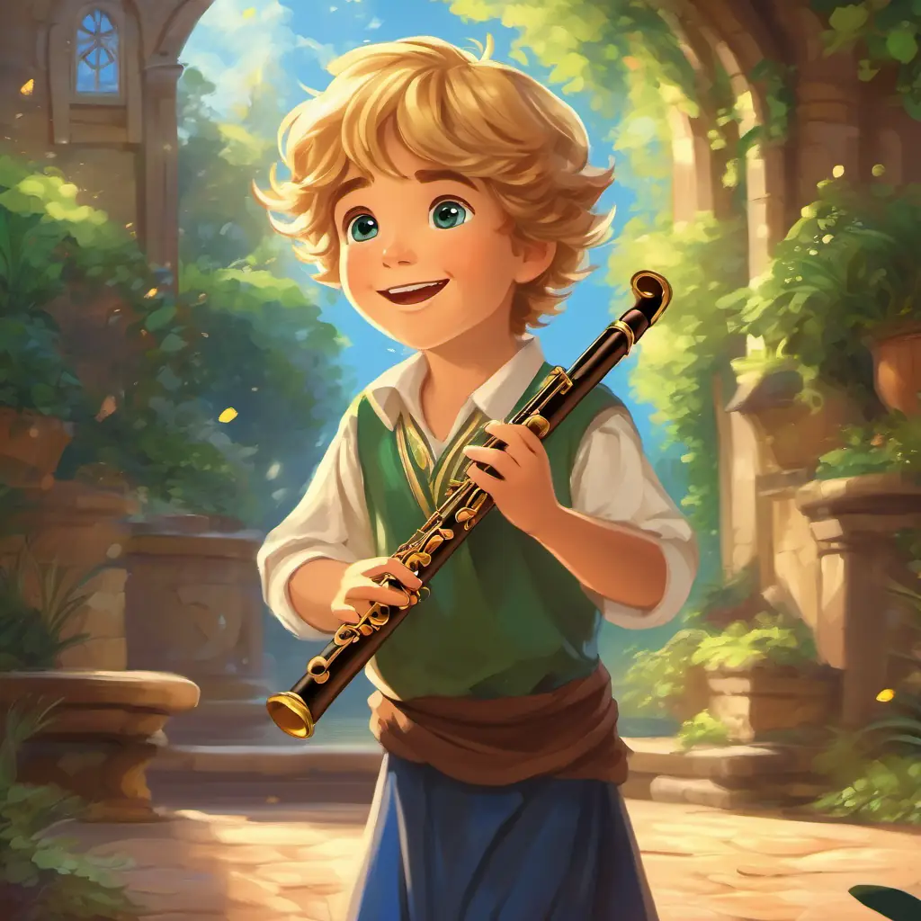 Golden hair, blue eyes, royal princess in a beautiful dress and Messy brown hair, green eyes, young boy playing the flute talking and smiling while dancing