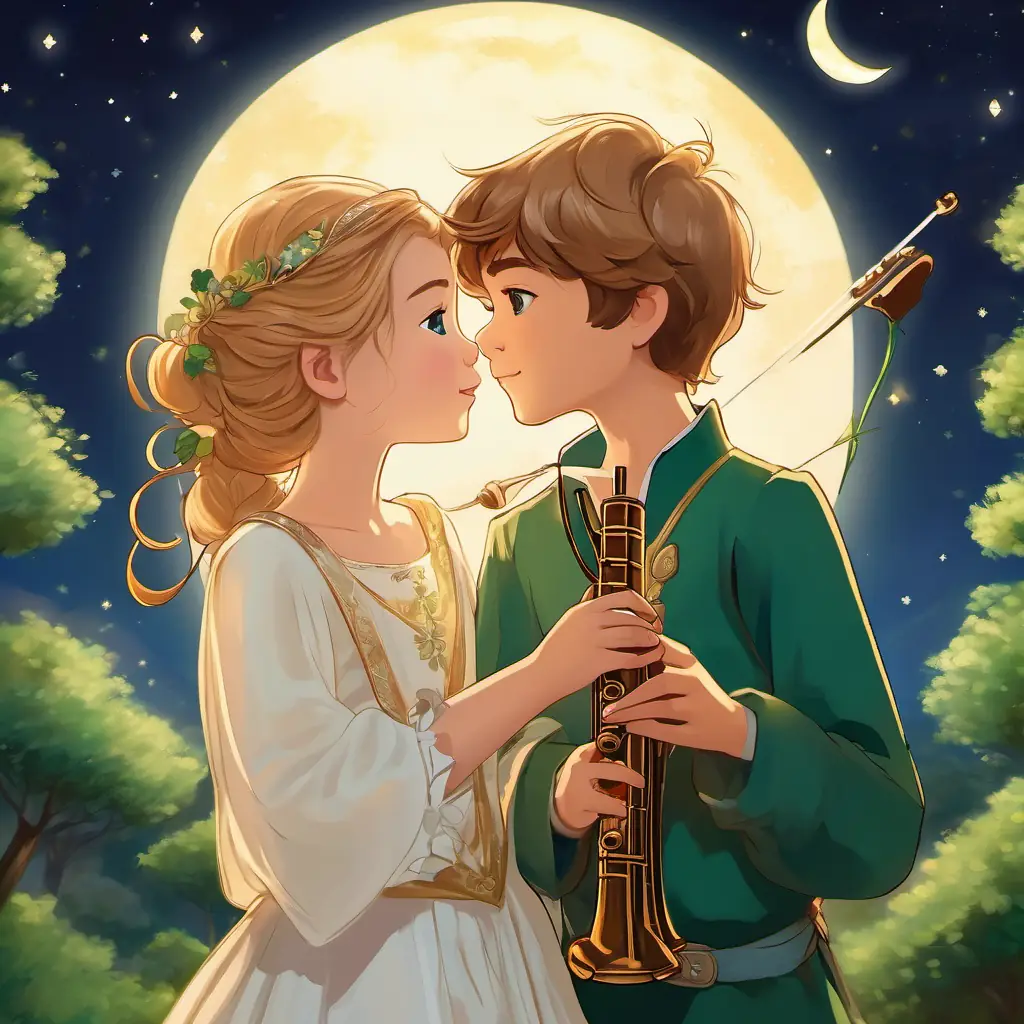 Golden hair, blue eyes, royal princess in a beautiful dress and Messy brown hair, green eyes, young boy playing the flute sharing a gentle kiss under the moonlight