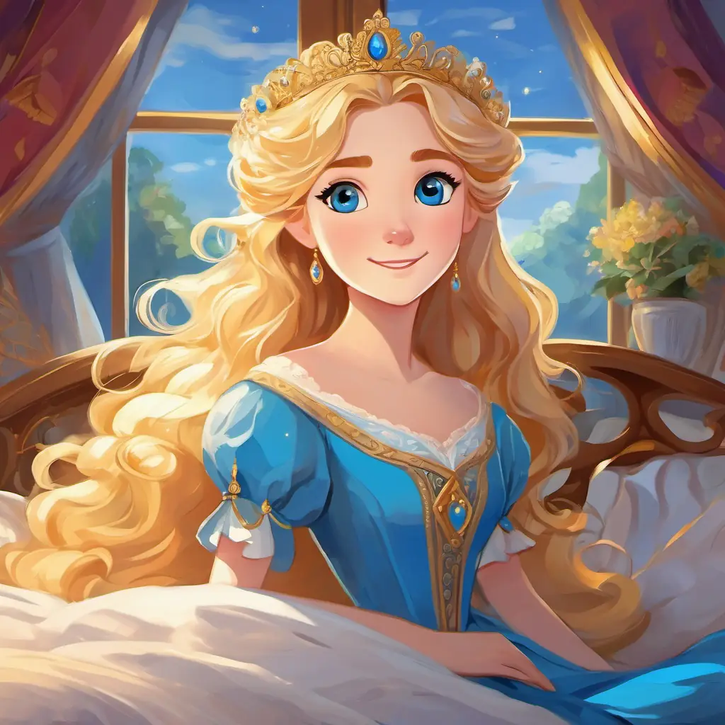 Golden hair, blue eyes, royal princess in a beautiful dress waking up in her cozy bed, smiling with the memory of the enchanted dance