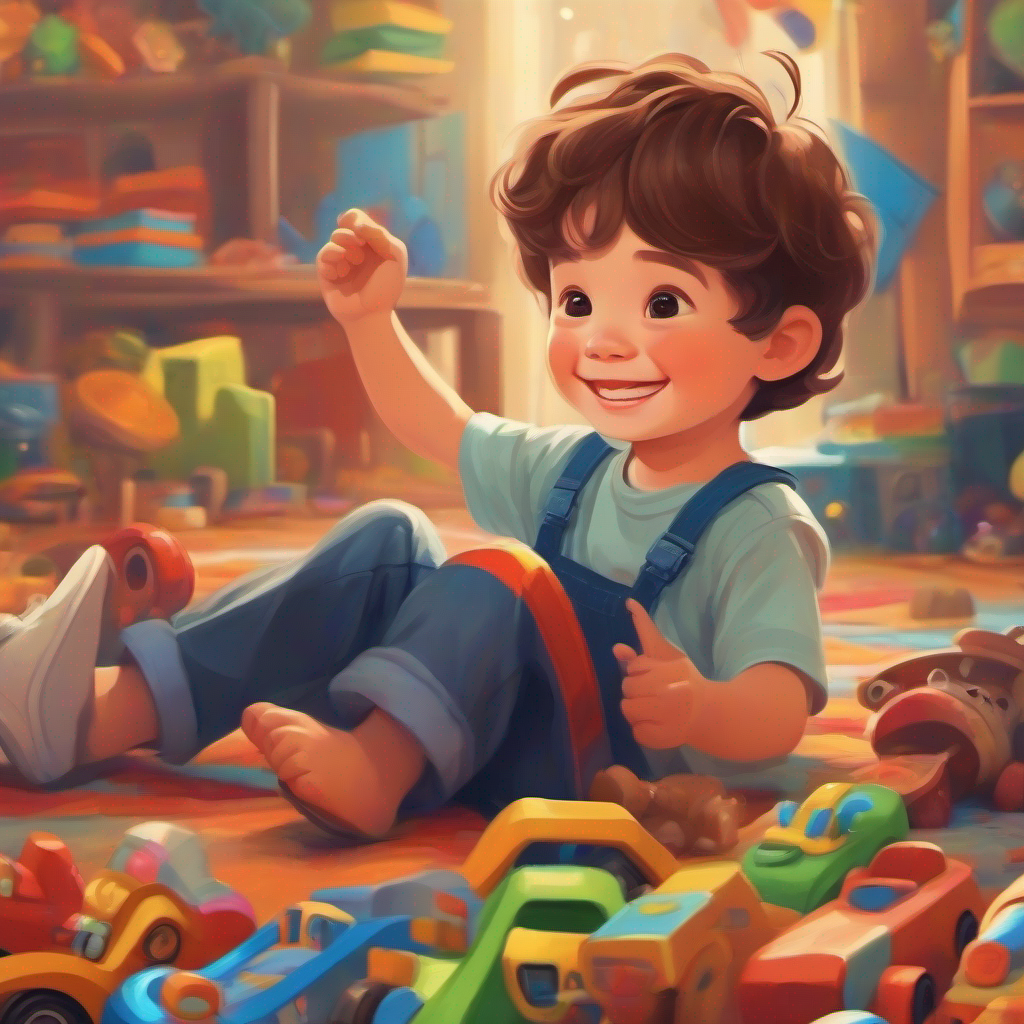 A 3-year-old boy with brown hair and a big smile. playing with friends, colorful toys and paintings