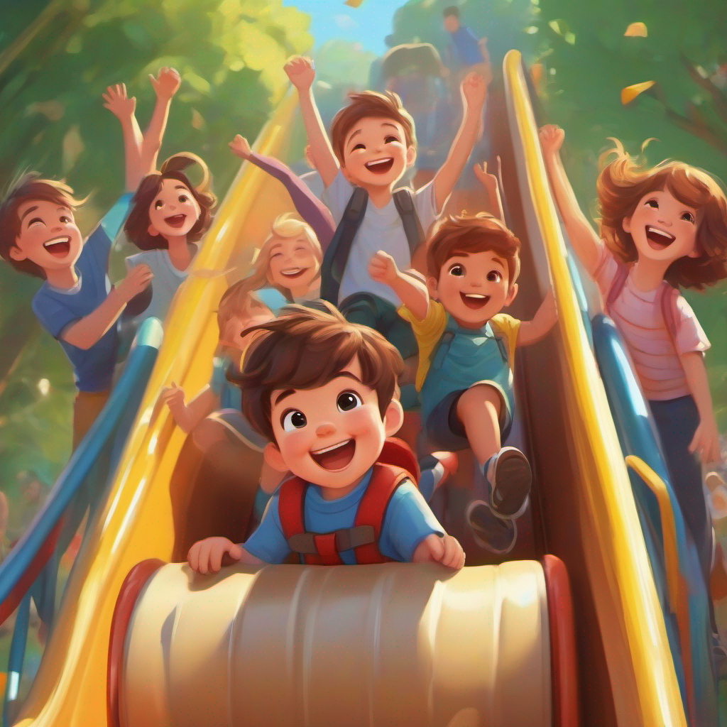 A 3-year-old boy with brown hair and a big smile. sliding down the playground slide with friends cheering
