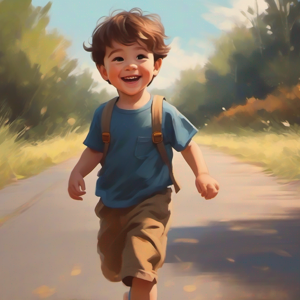 A 3-year-old boy with brown hair and a big smile. walking to his mom with a big smile