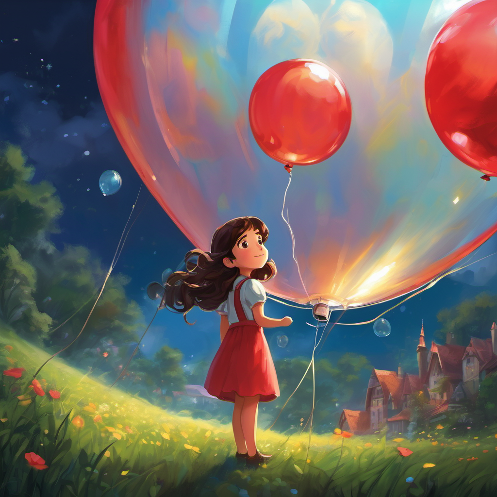 As Bella looked up into the sky, she noticed a mysterious sparkle coming from her balloon's string. She blinked her eyes in surprise and suddenly, the magical red balloon started to grow bigger and bigger until it became a giant bubble. Before Bella could even react, the bubble enveloped her, lifting her off the ground! Bella found herself inside the bubble, floating higher and higher above the town. She gasped in surprise but soon realized that this could be an incredible adventure. Even though she wasn't in control, Bella decided to embrace the journey and observe the world from her magical bubble.