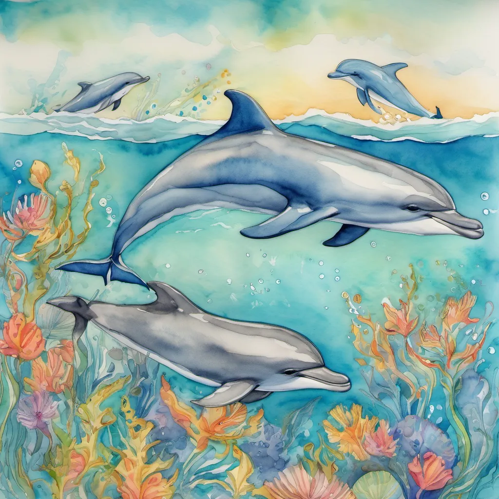 A playful dolphin named Dippy swimming happily in a vibrant blue sea, surrounded by a group of dolphins with cheerful expressions.