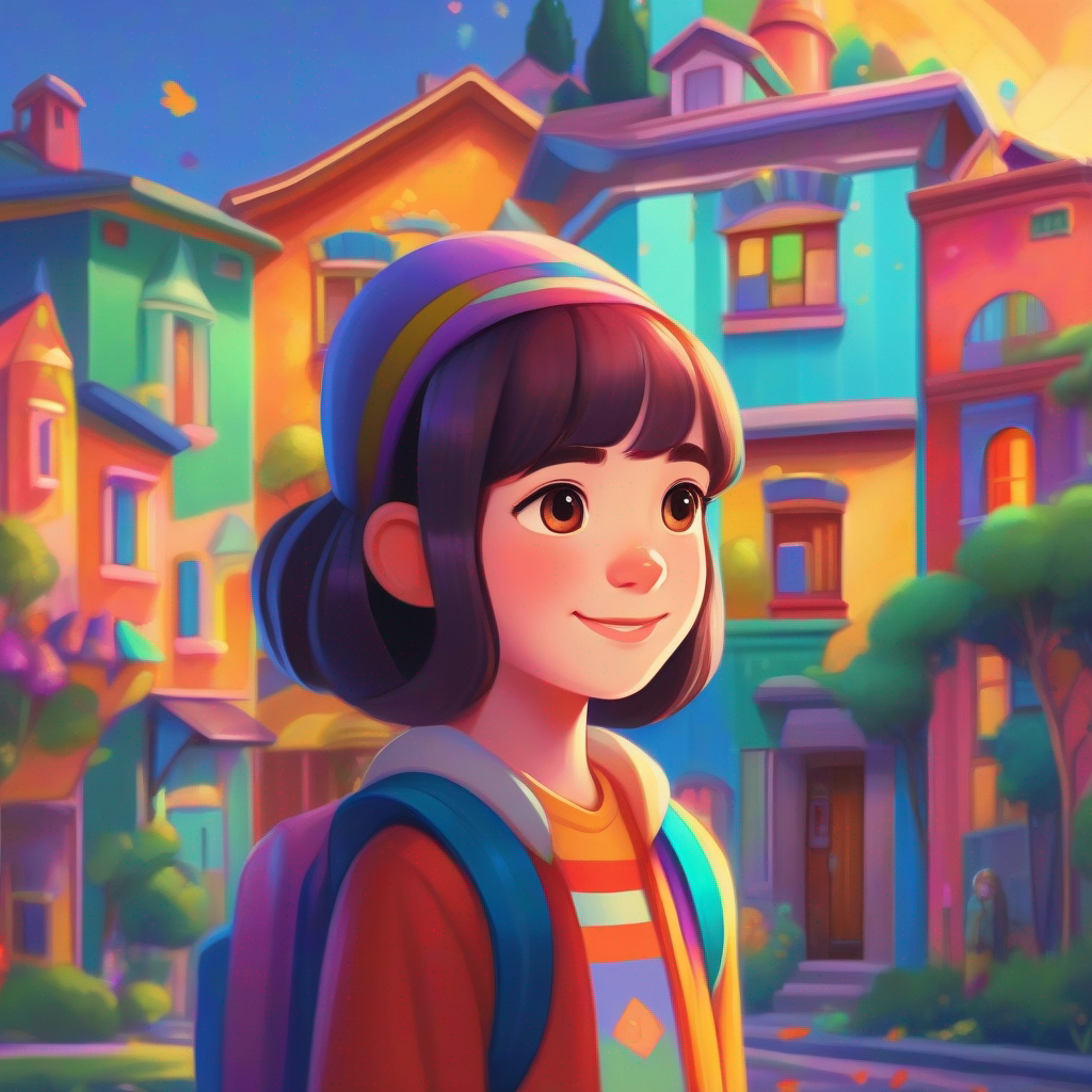 Compassionate girl, colorful town, filled with love and empathy's colorful town with friendly neighbors, 14-year-old compassionate girl
