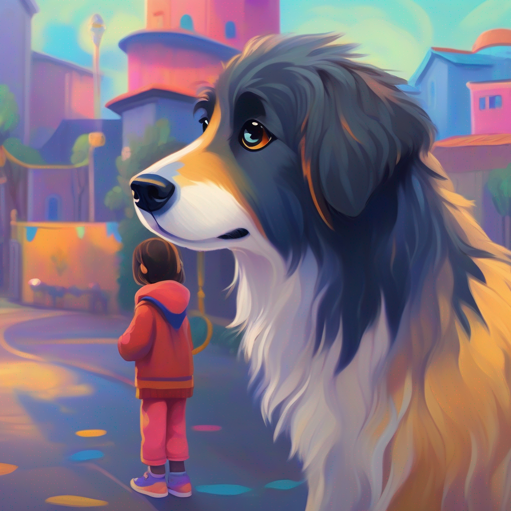 Scruffy dog with sad eyes, Compassionate girl, colorful town, filled with love and empathy offering a gentle pat