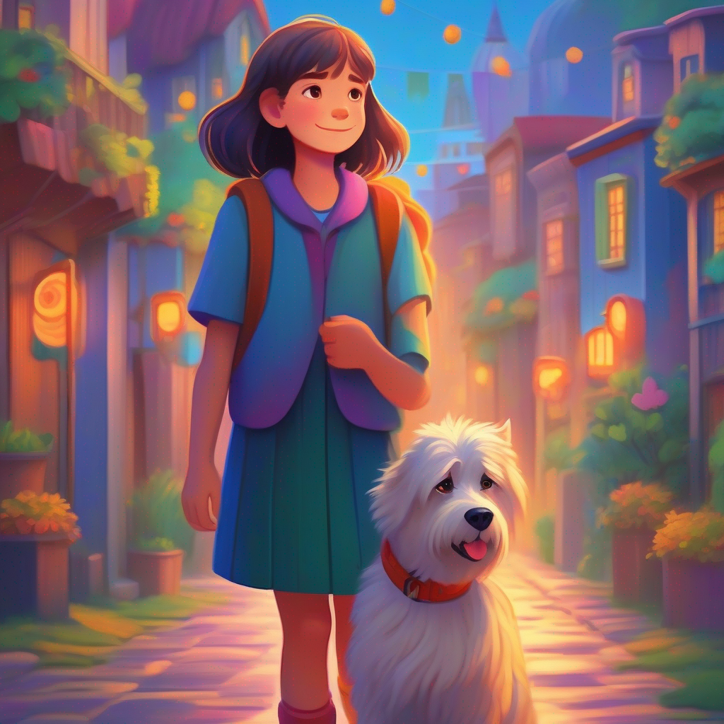 Compassionate girl, colorful town, filled with love and empathy and Scruffy dog with sad eyes, transformed into a happy companion becoming inseparable, Charlie's past scars