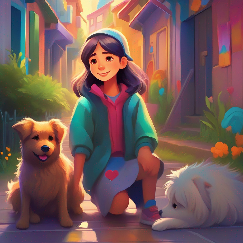 Compassionate girl, colorful town, filled with love and empathy's decision to take Scruffy dog with sad eyes, transformed into a happy companion to a shelter, dedicated volunteers