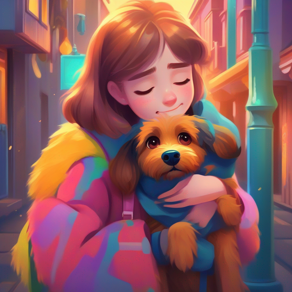 Compassionate girl, colorful town, filled with love and empathy saying goodbye to Scruffy dog with sad eyes, transformed into a happy companion with tears in her eyes