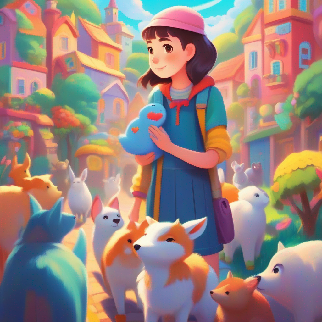 Compassionate girl, colorful town, filled with love and empathy's continued journey of rescuing animals, community of love