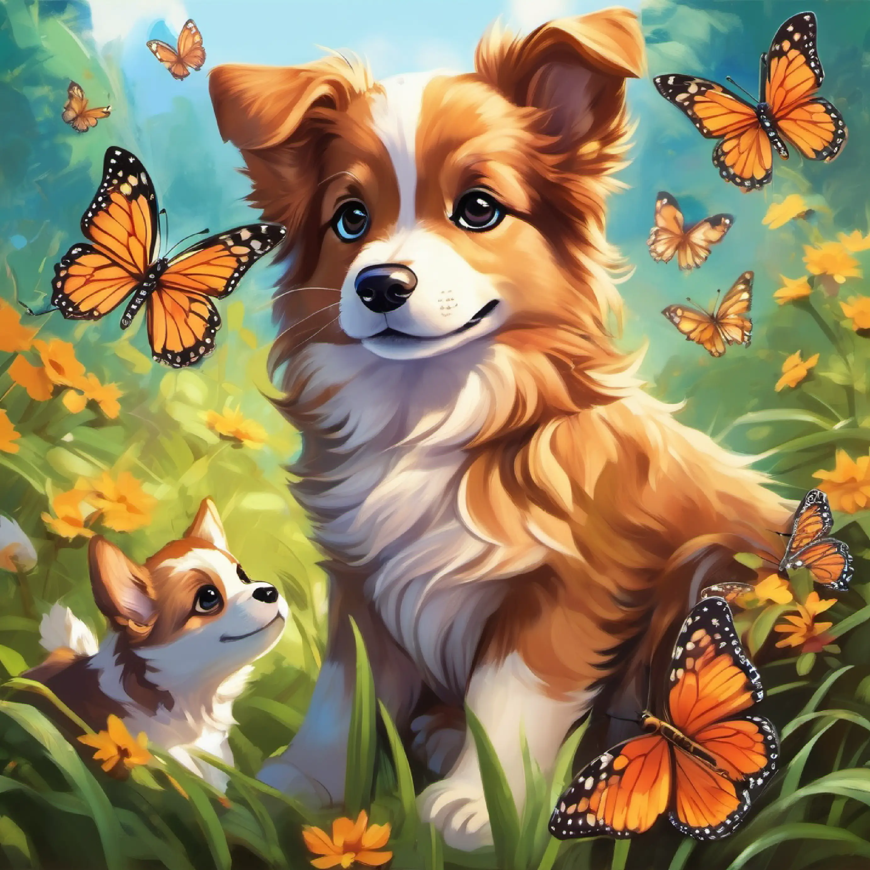 Puppies being enticed by butterflies and Brown fur, sparkling eyes's adventurous nature.