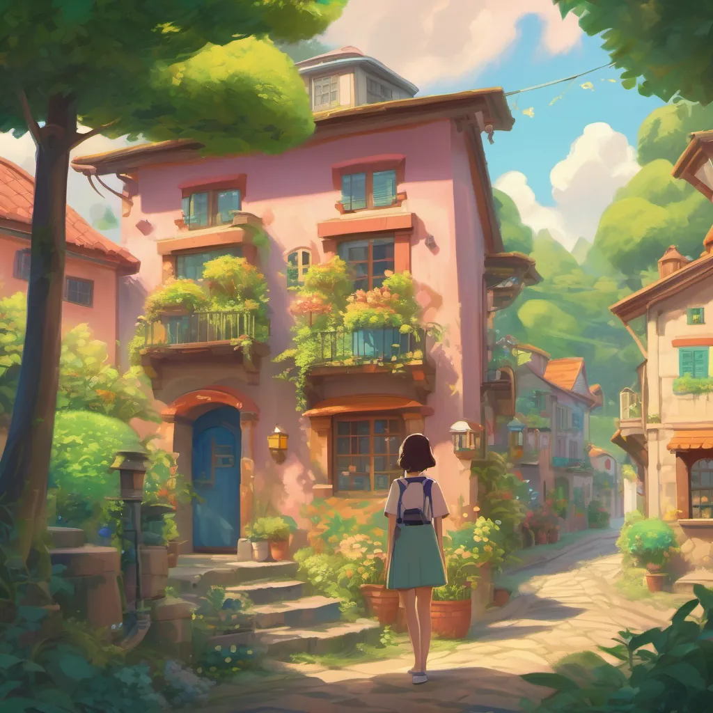 A whimsical town with colorful houses, cozy streets, and lush greenery. A young girl with bright eyes standing next to a cozy little house.